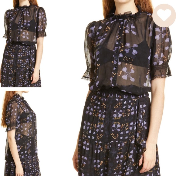 ba&sh black sheer and lace top with purple floral print - Picture 2 of 13